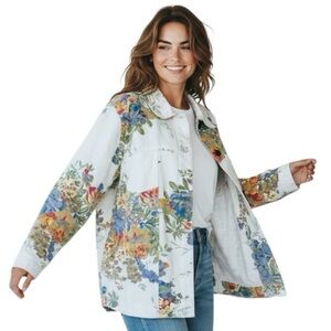 Susan Graver White Floral Denim Jacket Multicolored Button Front Women’s Size XL